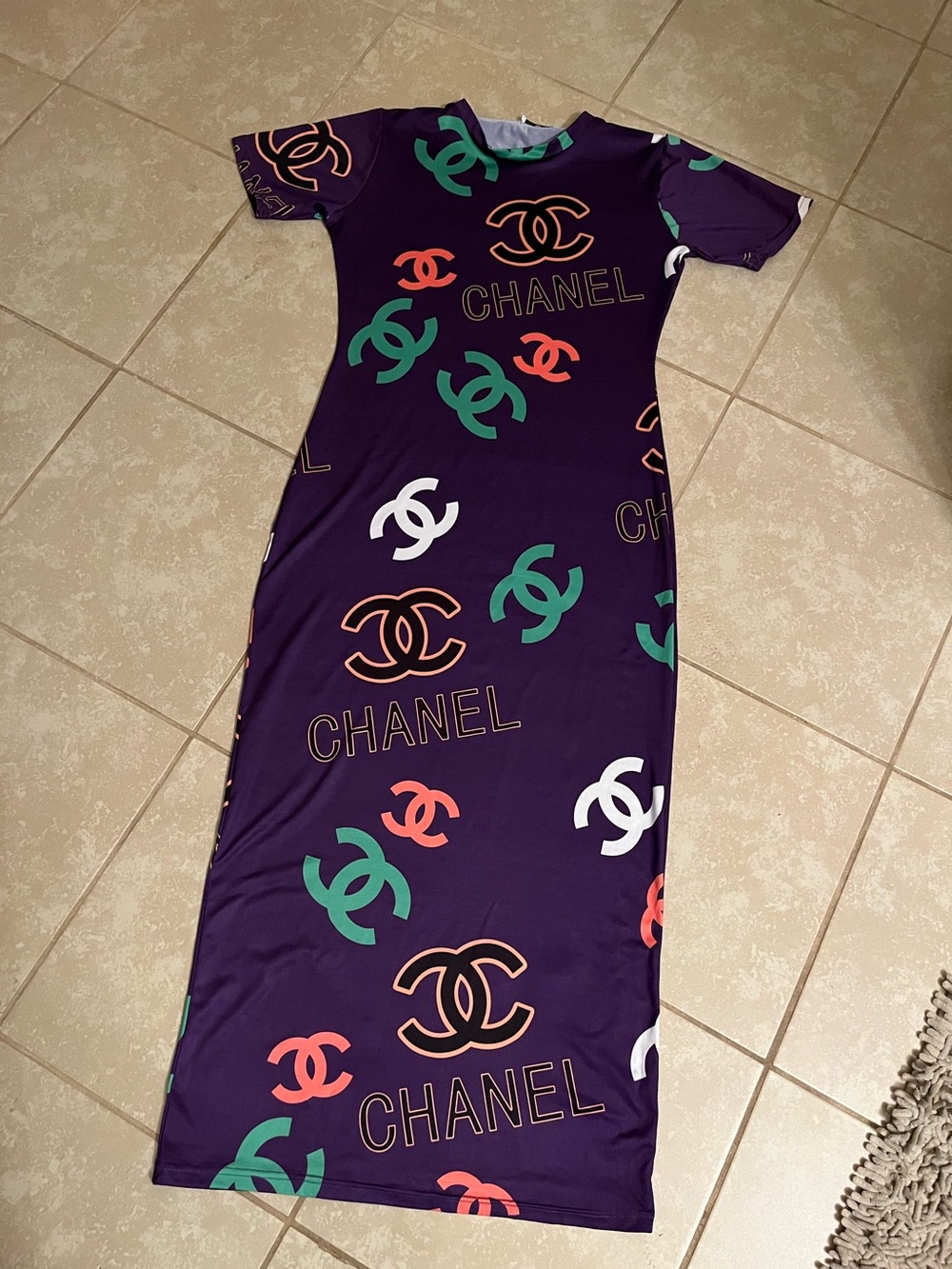 Designer inspired Purple Maxi Dress with Multicolor Logo Print.